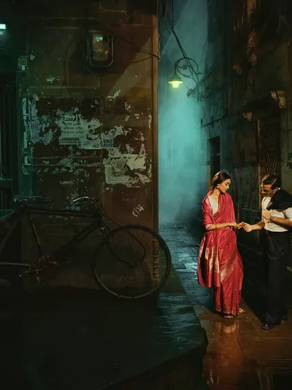 This is a scene from 'Banaras Nocturne', a campaign I styled for Tilfi Banaras. We used the narrow, atmospheric lanes of the city at night to create a moody, cinematic love story, letting the rich texture of the Banarasi saree shine in the low light.