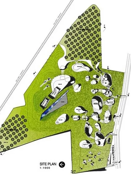 The site plan for the Bhopal Memorial competition entry shows how the design creates a journey through a landscape of scars and clearings, moving from pain to solace.