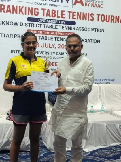 Samriddhi Sharma receiving her Gold Medal at the 2nd UP State Table Tennis Ranking Tournament in Lucknow. She was the champion of the U-17 Girls category.