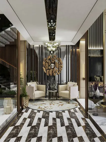 Two perspectives of a luxurious lobby and seating area. The renders highlight the dramatic geometric flooring, a statement chandelier, and the double-height ceiling, conveying a sense of five-star elegance.
