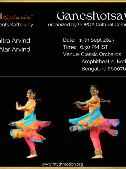 An invitation to a Kathak duo performance by Alar and me for a Ganeshotsav celebration. We love performing together, especially for festive occasions.