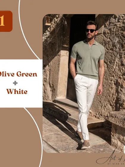 First up for men: olive green and white. This combination is fresh, versatile, and effortlessly cool. It screams modern sophistication.