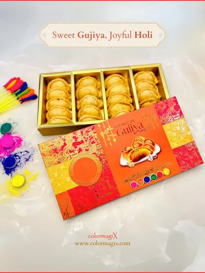 A larger version of our Holi Gujiya Box, filled with freshly made gujiyas. The packaging is vibrant and festive, reflecting the joyful spirit of the Holi festival.