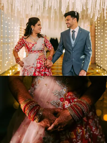 A collage showing the couple's entrance and a detail shot of their hands, adorned with wedding bangles.