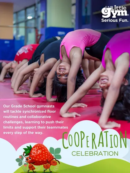 From our "Cooperation Celebration" theme, these images show grade schoolers working together on synchronized floor routines and supporting each other, building both personal and group success.