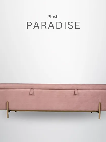 A plush paradise. This pink velvet ottoman offers stylish storage with its lift-top lid and elegant, tapered metal legs. It's a perfect blend of beauty and practicality.