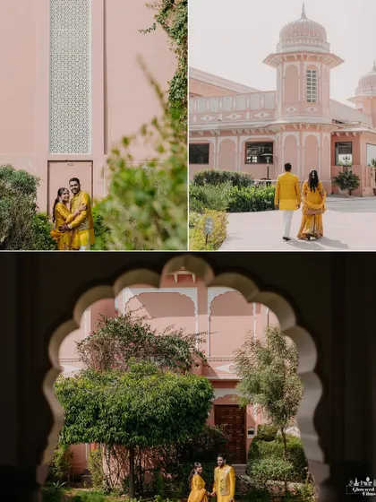 The couple poses against the beautiful pink architecture of their Jaipur resort, their yellow outfits creating a stunning contrast.