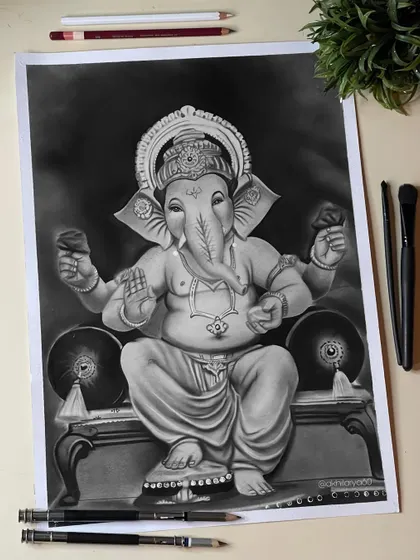 A detailed charcoal sketch of Lord Ganesha seated on his throne. This artwork was created for Ganesh Chaturthi and captures the calm and benevolent nature of Ganpati Bappa.