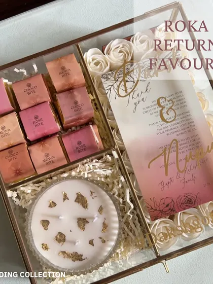 These Roka return favors are designed to be both beautiful and sweet. The glass box contains a personalized thank you card, a scented candle, and a selection of delicious Mewa Bites.