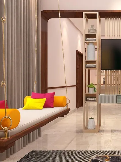 A traditional Indian swing or 'jhoola' adds a touch of playful nostalgia to this modern living room. It’s a perfect example of how we blend timeless elements with contemporary design for a home with soul.
