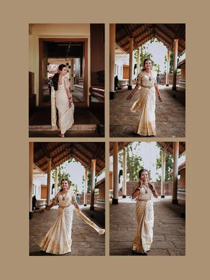 A collage of the bride's playful and elegant poses in a temple corridor.