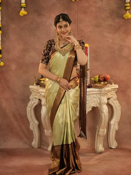 This elegant saree is perfect for attending a wedding or a formal family function.