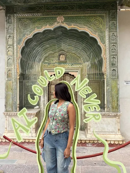 AI could never. A photo in front of intricate Indian architecture, with doodles that show the value of a human touch.
