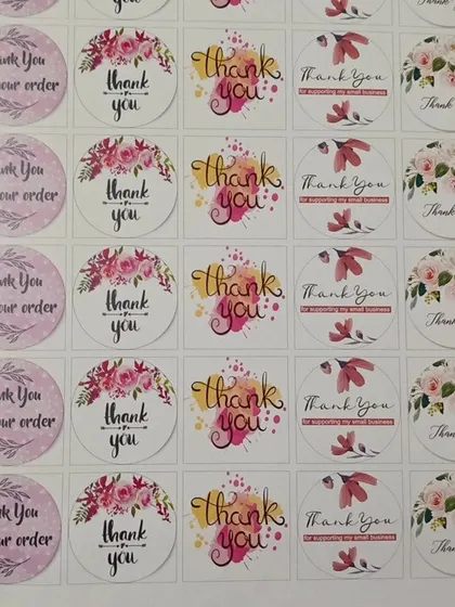"Thank You" sticker sheets in various beautiful designs. Adding one of these to your packaging is a lovely way to show appreciation to your customers.