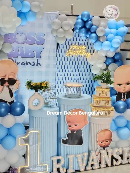 A detailed look at our Boss Baby decor. We use themed plinths, custom backdrops, and character cutouts in various poses to make the setup feel dynamic and fun.