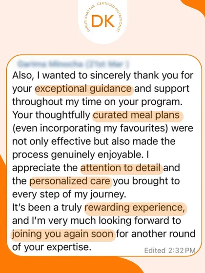 This client expresses appreciation for the thoughtfully curated meal plans that incorporated her favorite foods, making the process genuinely enjoyable.