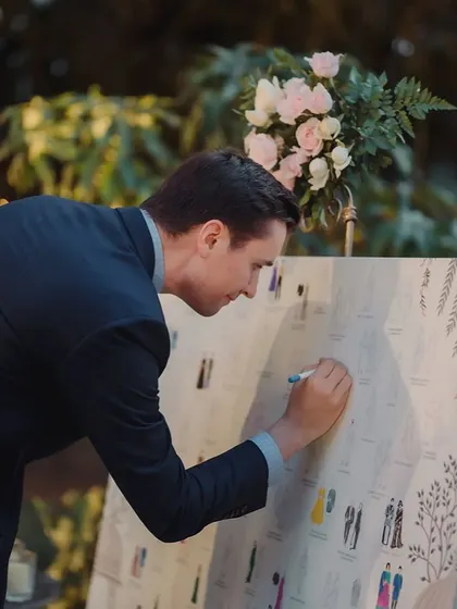 An interactive and personal touch. Guests had fun finding their illustrated selves on this custom guest board and coloring in their outfits, creating a collaborative and colorful memento of the day.