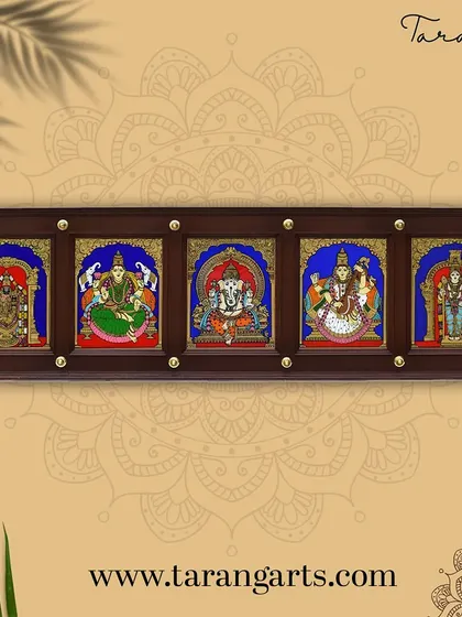 A beautiful 5-in-1 glass painting panel featuring the divine figures of Balaji, Lakshmi, Ganesha, Saraswati, and Murugan. This single piece of art brings a multitude of blessings and is perfect for a pooja room.