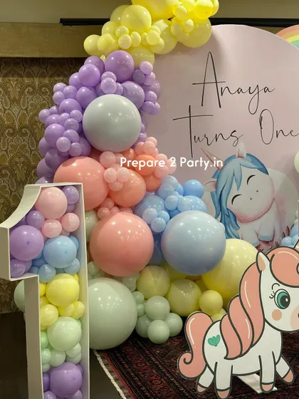 My unicorn themed parties are filled with magic. These images show various designs featuring balloon mosaic numbers, themed plinths, and beautiful pastel color palettes.
