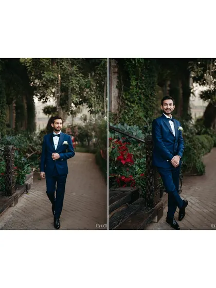 A collage of the groom looking sharp in his navy tuxedo. The garden path setting adds a touch of classic romance to these dapper portraits.