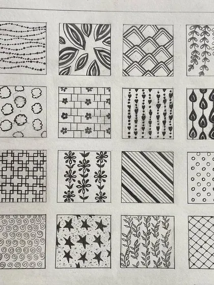 An exercise in creating different textures and patterns with ink. This skill is vital for illustrating different types of fabric.