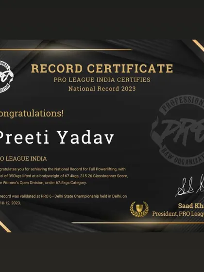 This is what a national record looks like. We congratulate Preeti Yadav for setting a new record in full powerlifting at the PRO League India championship, lifting a total of 350kgs. We always strive for excellence.