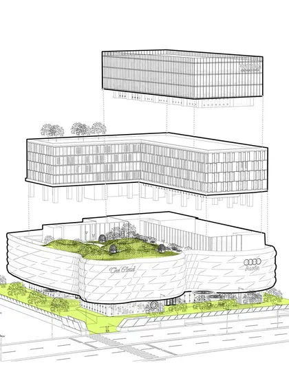 This exploded diagram illustrates our concept for "The Cloud," a mixed-use development. It breaks down the program into distinct layers for retail, hotel, and office space, showing our strategic approach to complex urban projects.