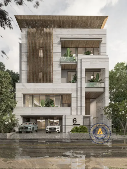 The facade of this 500 sq yd masterpiece on Paschim Marg, DLF Phase 1, is defined by clean lines and striking contrasts. The design is a symphony of natural stone and sleek aluminum shingles, with strategically placed optical fiber lights for a mesmerizing nighttime glow.