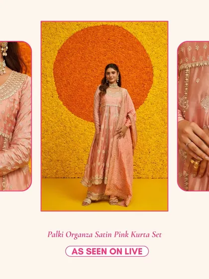 The Palki Organza Satin Pink Kurta Set is a beautiful pastel option with delicate beadwork on the neckline.