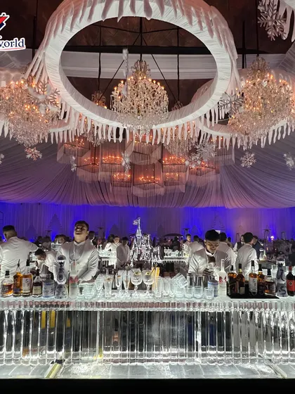 This is how we bring a winter wonderland to life. For this grand wedding, we constructed a complete ice bar, including intricate sculptures and custom lighting, that served as a breathtaking centerpiece. We can design and build thematic bars of any scale to create an immersive experience for your guests.
