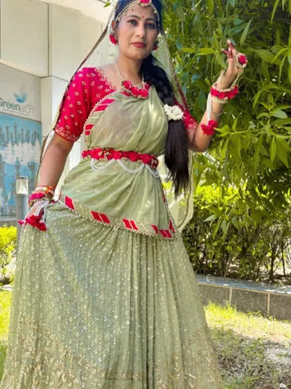 A collection showcasing a beautiful client in our pastel green and pink lehenga with floral jewelry, perfect for a daytime Mehendi or Haldi.