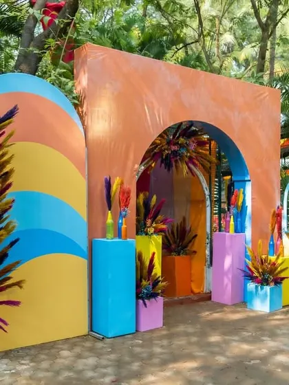 A slightly different angle of the colorful entrance, showcasing the layered colors and textures that set the tone for the fun-filled event.