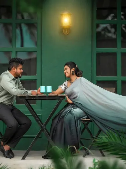A stylish pre-wedding scene set up to look like a quaint cafe. We can create specific themes and moods, complete with props and lighting, to match your vision.