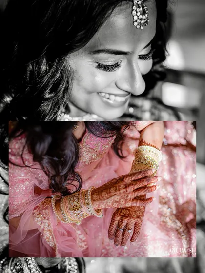 A collage of beautiful, emotional details. A bride's smile and a close-up of her hands and henna, captured in a mix of color and black and white.