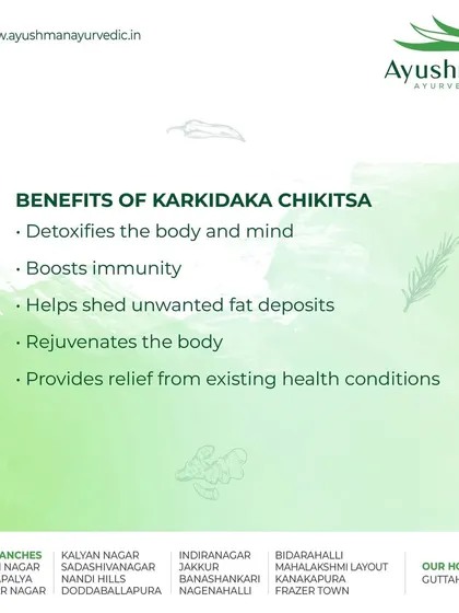 This graphic lists the benefits of Karkidaka Chikitsa, a special monsoon rejuvenation therapy from Kerala. It highlights how this treatment detoxifies the body and mind, boosts immunity, and provides relief from existing health conditions.