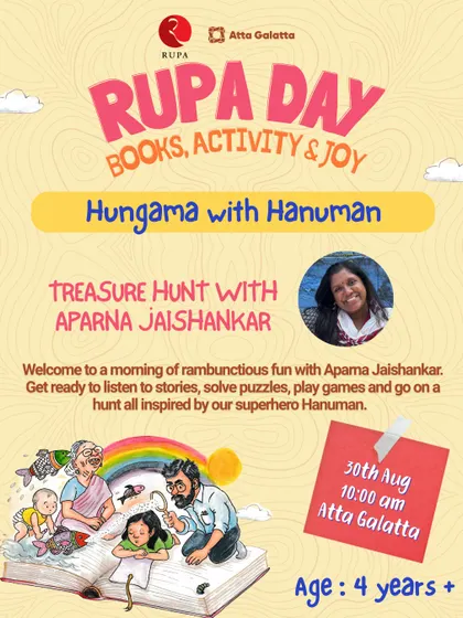 Let's go on an adventure with Hanuman. We host interactive treasure hunts and story sessions with Aparna Jaishankar that are full of puzzles, games, and rambunctious fun for our tiny detectives.