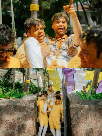 The groom's friends making sure he has a memorable Haldi. I capture the camaraderie and high spirits of the groom's side.