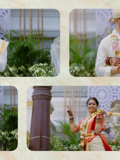 This collage captures the fun and traditional moments of a Telugu wedding. From the bride's playful peace sign to the couple's shared rituals, it’s a vibrant summary of their special day.