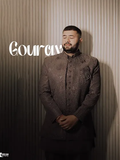 A stylish portrait of groom Gourav, his eyes closed in a moment of calm before the Sagan ceremony.