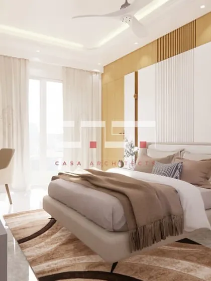 A 3D render of a bedroom that combines a sleeping area with a functional workspace, featuring warm wood tones and a clean, modern design.