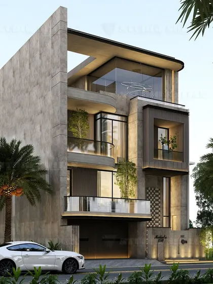 A corner view of the Janakpuri project, showing how the curved balcony wraps around the building, adding a sense of movement to the architecture.