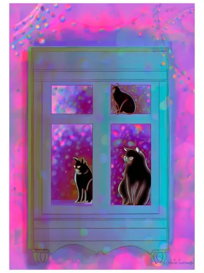The full composition of the magical cats in a cabinet, surrounded by a vibrant pink and purple aura.