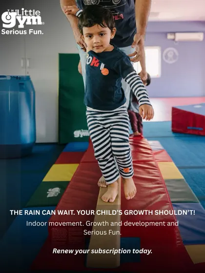 The rain can wait, your child's growth shouldn't. This image encourages parents to renew their subscription to continue indoor movement and development.