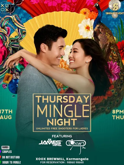 A poster for a "Thursday Mingle Night." We used colored bands to show if people were single or not, making it a fun, interactive theme for a weekday party.
