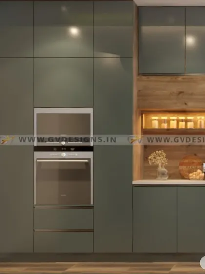A closer look at the tall unit in the rustic-modern kitchen, showing the seamless integration of the built-in oven and microwave. The adjacent open shelving with a spice rack adds both warmth and functionality.