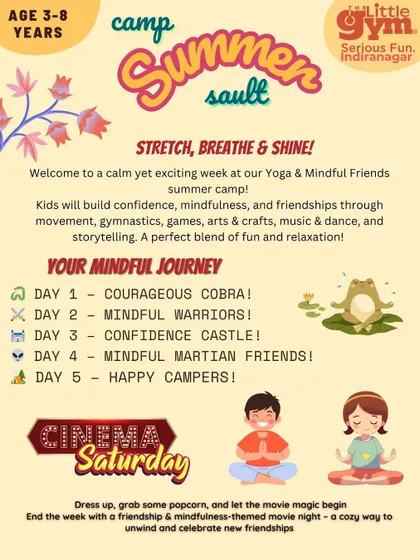 Stretch, breathe, and shine! Our "Yoga & Mindful Friends" camp is a calm yet exciting week where kids build confidence and mindfulness through movement, games, and storytelling.