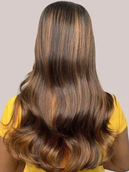 This is the final result for our "Brown Sugar" hair color. It's a warm, inviting look with rich caramel tones and hints of honey.
