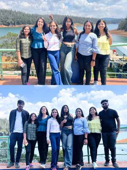 Two group photos from our Ooty trip, capturing the fun and friendship against the scenic backdrop of the lake.