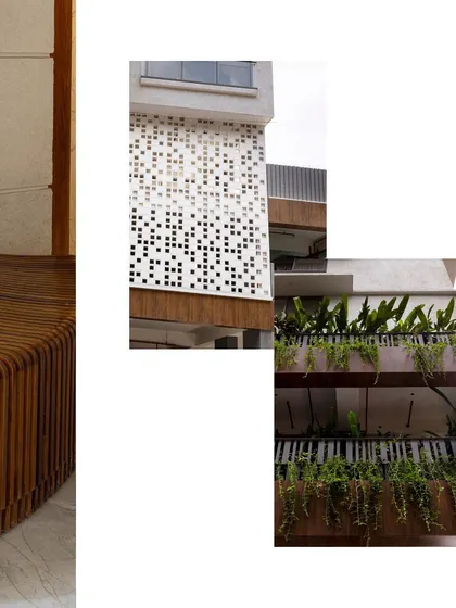 This collage juxtaposes the organic form of a curved wooden bench with the geometric pattern of the building's facade and the cascading greenery. It is an exploration of how different textures and forms contribute to a cohesive design narrative.