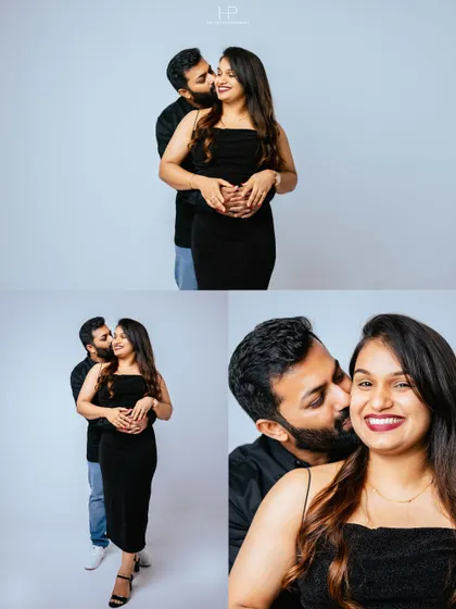 A collage of intimate studio portraits against a simple grey backdrop. These close-up shots capture tender moments, like a kiss on the cheek, highlighting your affection.